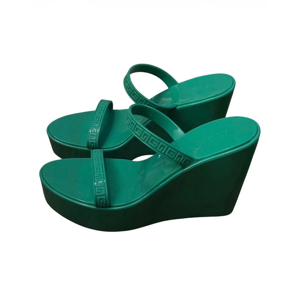 GUESS Edvina Green Jelly Platform Wedge Sandals Logo Strap Slides Womens Size 9